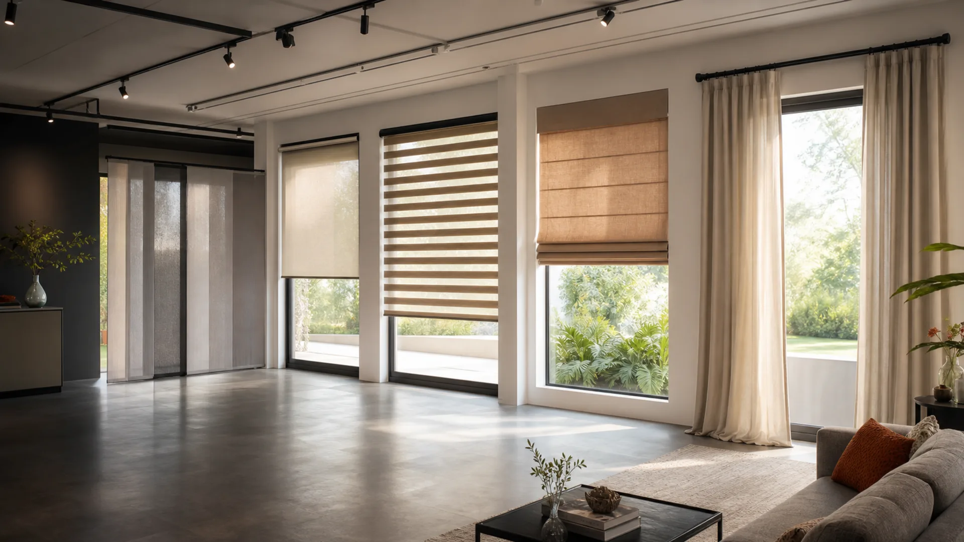 Showroom moderno con variedad de cortinas y persianas