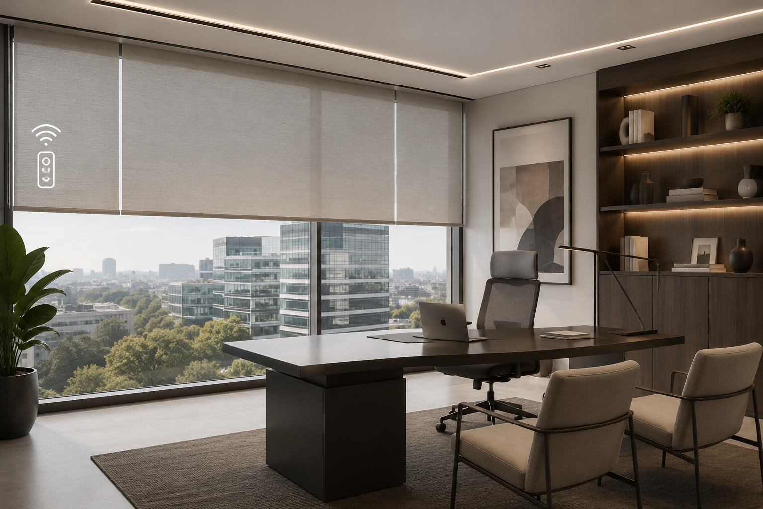 Oficina moderna con cortinas motorizadas y control de luz